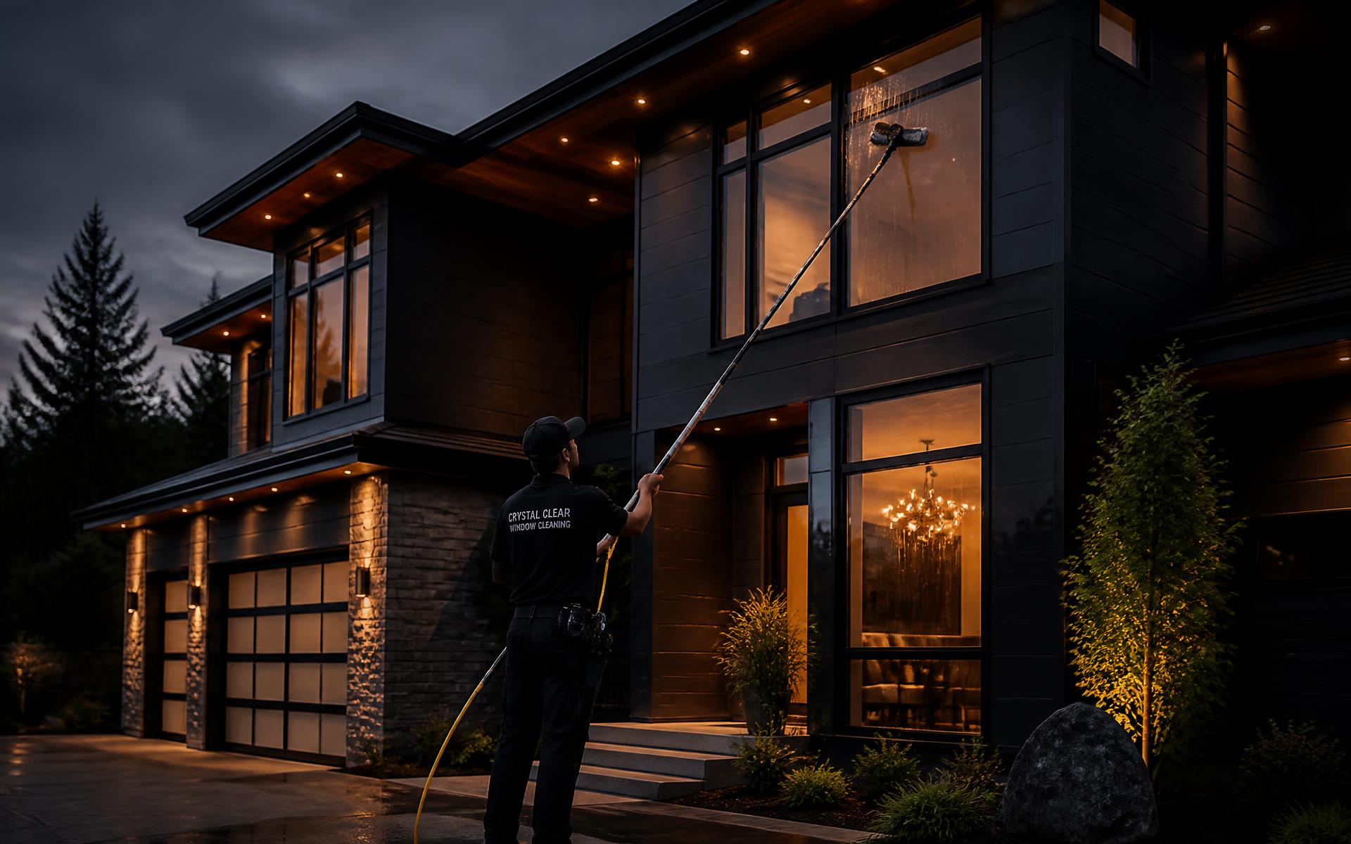 Illustrative image of window cleaning with a water-fed pole outside a home